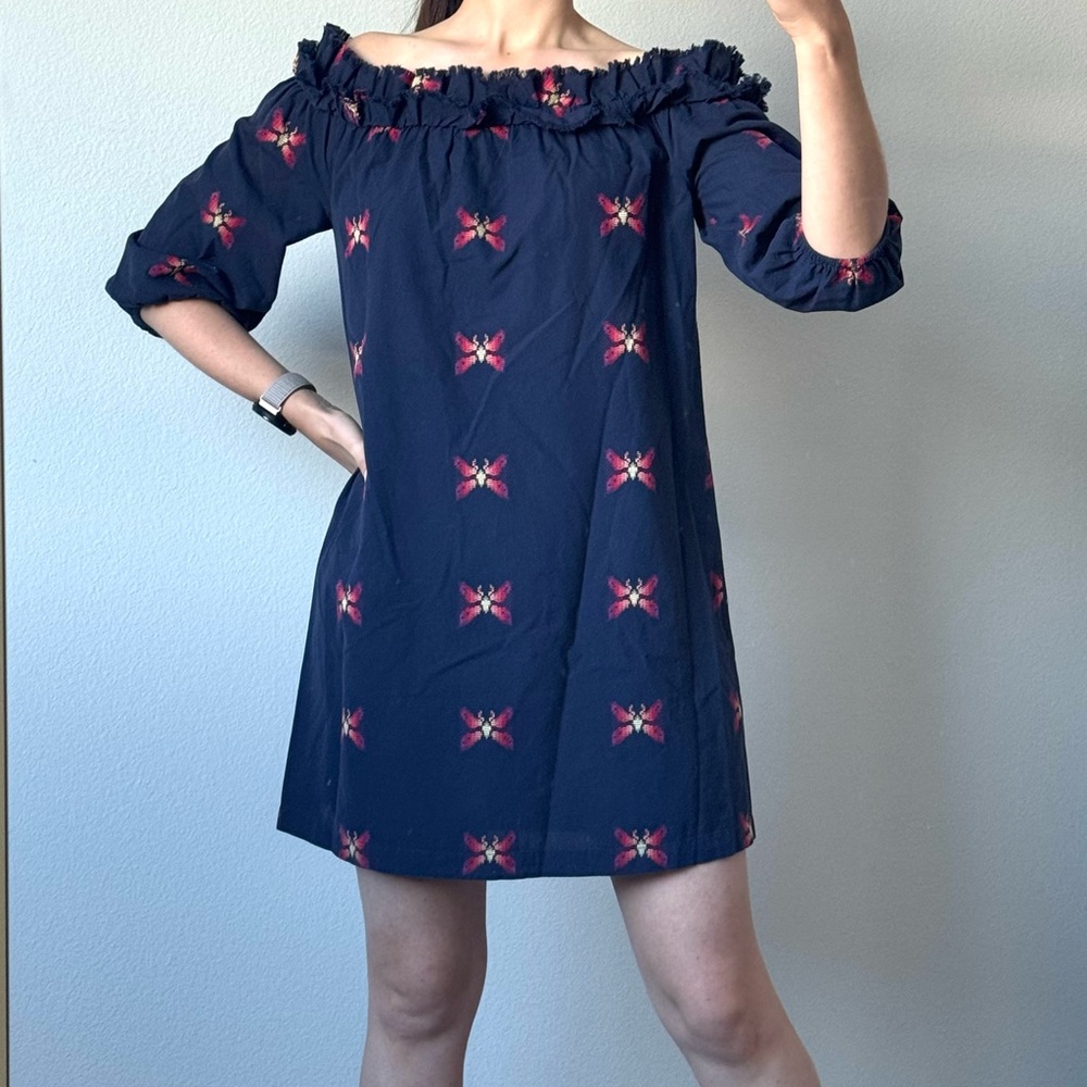 Trina Turk Navy Off-Shoulder Dress with Pink Floral Embroidery Coastal Beach S-M